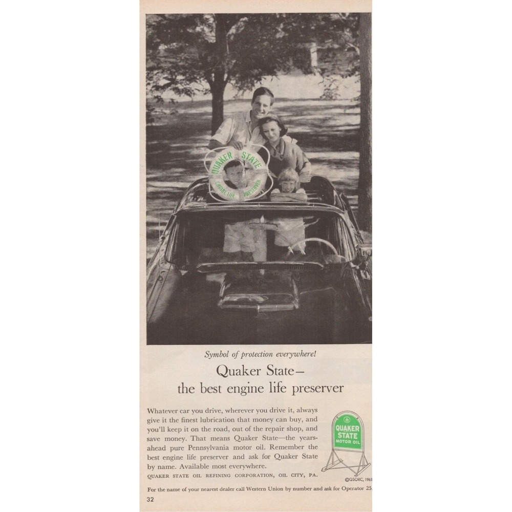 1961 Quaker State Motor Oil Vintage Print Ad Family Road Trip Protection